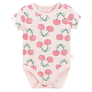 Pink short sleeve bodysuit with cherries print