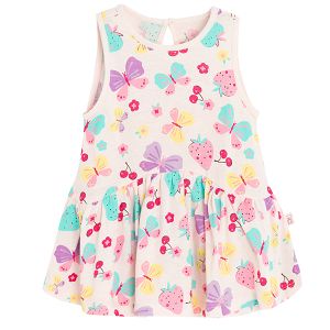 Pink sleeveless dress with strawberries, cherries and butterflies prints