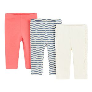 Peach, striped and cream leggings- 3 pack