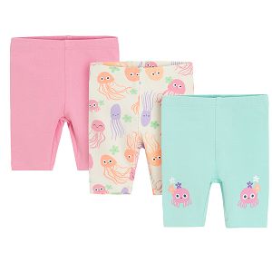 Cream, pink and light turquoise leggings with sea world print- 3 pack
