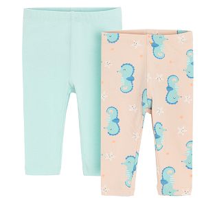 Light pink and light turquoise leggings with sea world print- 2 pack