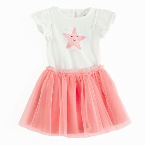 White T-shirt with starfish print and coral tute skirt- 2 pieces