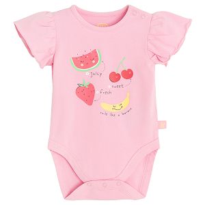Pink short sleeve bodysuit with ruffles on sleeves and fruit print