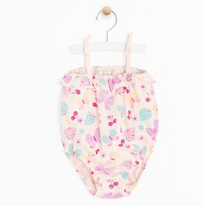 Pink sleeveless bodysuit with fruits and butteflies print