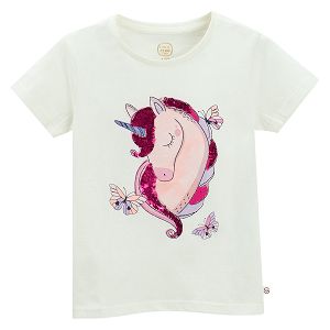 White short sleeve T-shirt , unicorn print with sequins