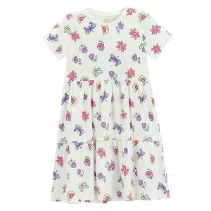 White short sleeve dress with butterflies and rainbows print