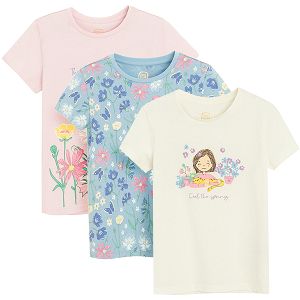 Pink and blue T-shirts with floral print, white T-shirt with girl and flowers print= 3 pack