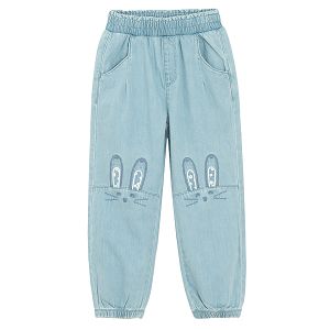 Denim pants with elastic waist and bunny print on the knees
