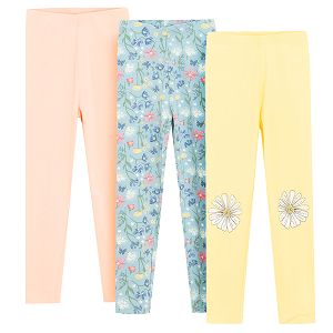 Pink, yellow, blue leggings with flowers and daisies print