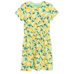 Green shorts leeve dress with lemons print