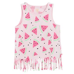 Floral sleeveless T-shirt with fringes