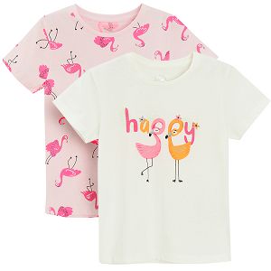 White and pink T-shirts with flamingo print- 2 pack