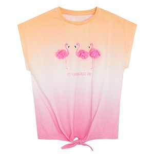 Short sleeve T-shirt with knot and flamingos print