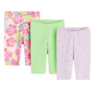 Puple with flamingos, lime, floral leggings- 3 pack