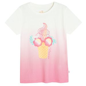 White and pink T-shirt with ice-cream with sunglasses print