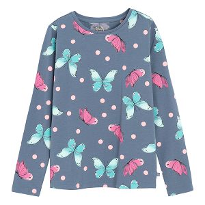 Grey blue long sleeve blouse with butterflies print