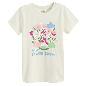 Ecru T-shirt with girl and flowers print- Live life in full bloom