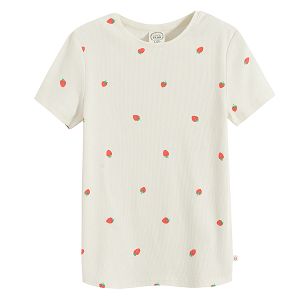 Ecru short sleeve T-shirt with strawberries print