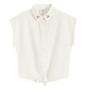 Ecru bottom down T-shirt with cherries on colar, knot in the front