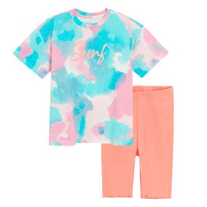 Tie Dye short sleeve T-shirt and pink leggings - 2 pieces