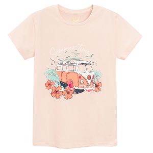 Pink T-shirt with bus and flowers print