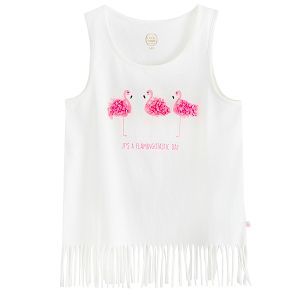 White sleeveless T-shirt with flamingo print and fringes