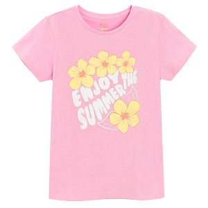 Dark pink T-shirt with Enjoy the summer and flowers  print