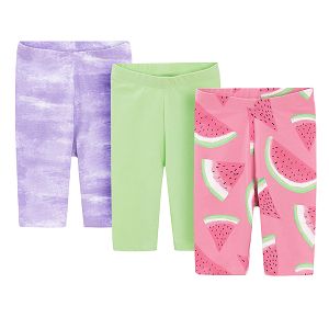 Lime, purple and pink with watermelons print leggings- 3 pack