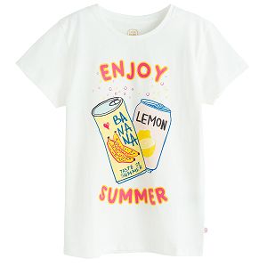 White T-shirt with Enjoy Summer and banana and lemons drinks print