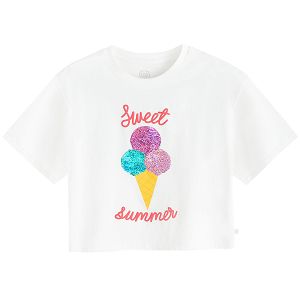 White crop top T-shirt with ice cream and Sweet Summer print