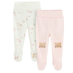 White and pink footed leggings with kitten print- 2 pack