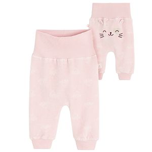 Pink footless leggings with elastic waist and kitten and footprints print