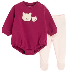 Burgundy long sleeve bodysuit and pink footed jogging pants set-  2 pieces