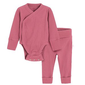 Pink cross body long sleeve bodysuit and matching footeless leggings- 2 pieces