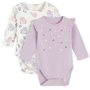 White with bunnies print and purple with flowers applique long sleeve bodysuits- 2 pack