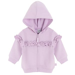 Purple zip through hooded sweatshirt with ruffle