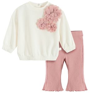 White long sleeve blouse with flower on the shoulder and pink wide leg leggings set - 2 pieces