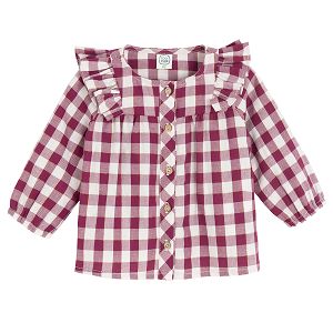 White and red checked blouse with ruffle on the top