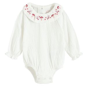 White long sleeve body suit with embroidery on the collar neck