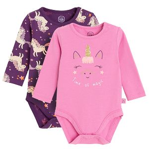 Purple and violet long sleeve bodysuit with unicorn print- 2 pack