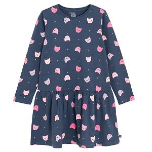 Blue casual dress with kittens' faces print