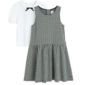 Checked black and white dress with short sleeve white blouse set- 2 pieces