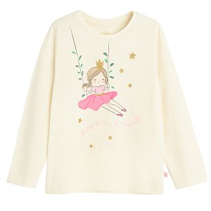 White long sleeve blouse with girl on a swing print