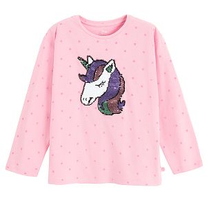 Pink long sleeve blouse with unicorn print