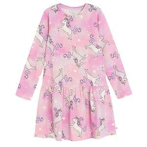 Pink long sleeve dress with unicorn prints