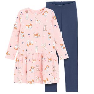 Pink long sleeve casual dress with puppies print and graffitti leggings set- 2 pieces