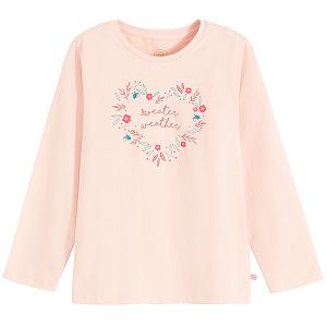 Pink blouse with heart and sweater weather print