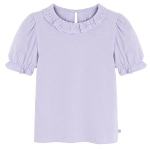 Puple short sleeve blouse with puffy sleeves and lace collar