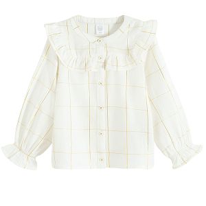 White long sleeve shirt with square ruffle and ruffles on the wrists