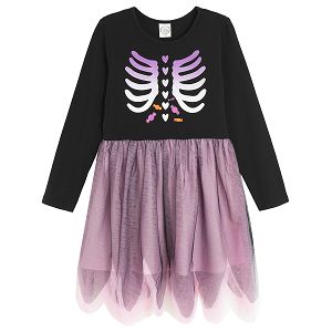 Black and purple long sleeve Halloween dress with tulle skirt and skeleton print